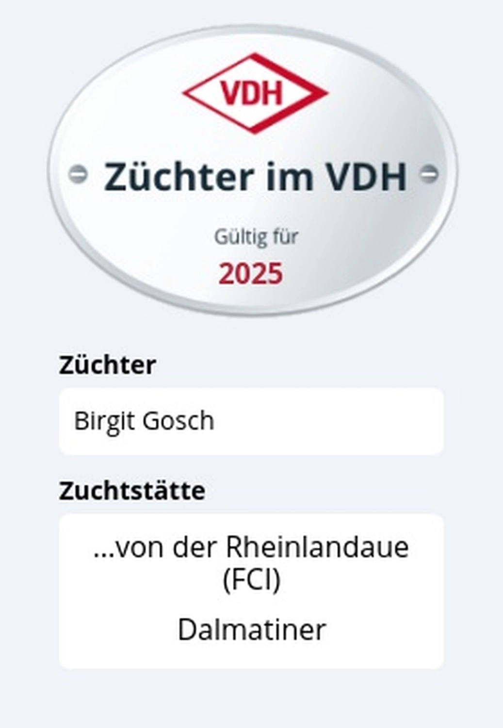 Dalmatiner – Zuchtstätte – Züchterplakette